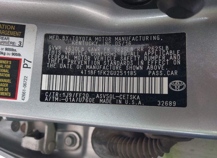 Photo 9 of 2016 Toyota Camry SE (VIN 4T1BF1FK2GU251185)