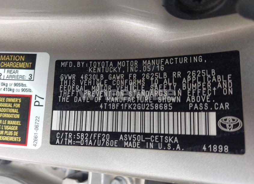 Photo 9 of 2016 Toyota Camry SE (VIN 4T1BF1FK2GU258685)