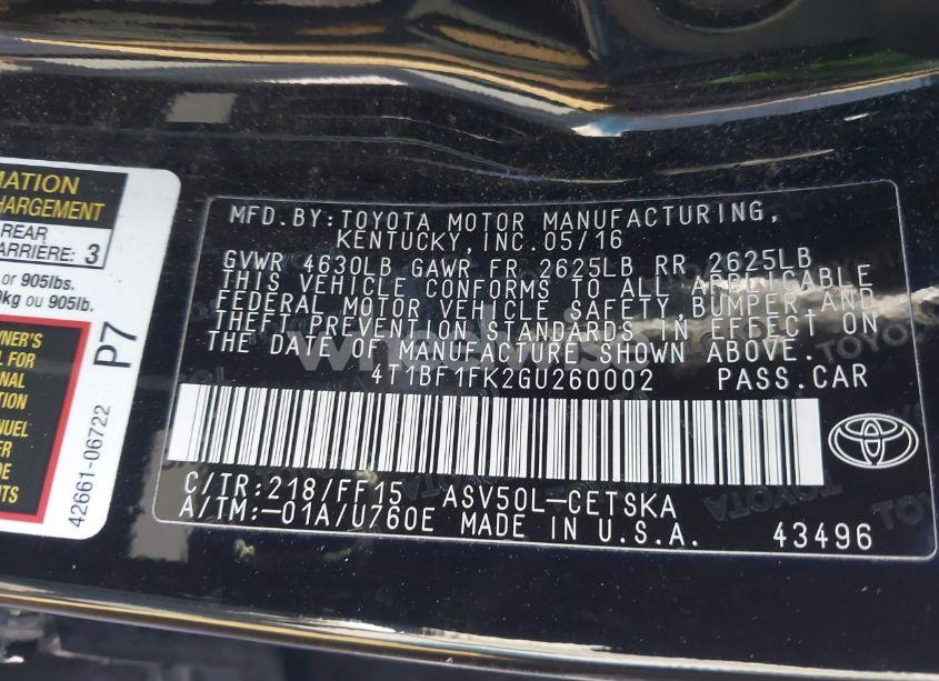 Photo 9 of 2016 Toyota Camry SE (VIN 4T1BF1FK2GU260002)