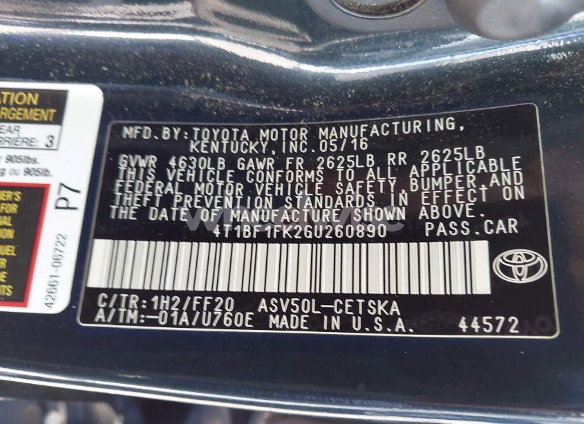 Photo 9 of 2016 Toyota Camry SE (VIN 4T1BF1FK2GU260890)