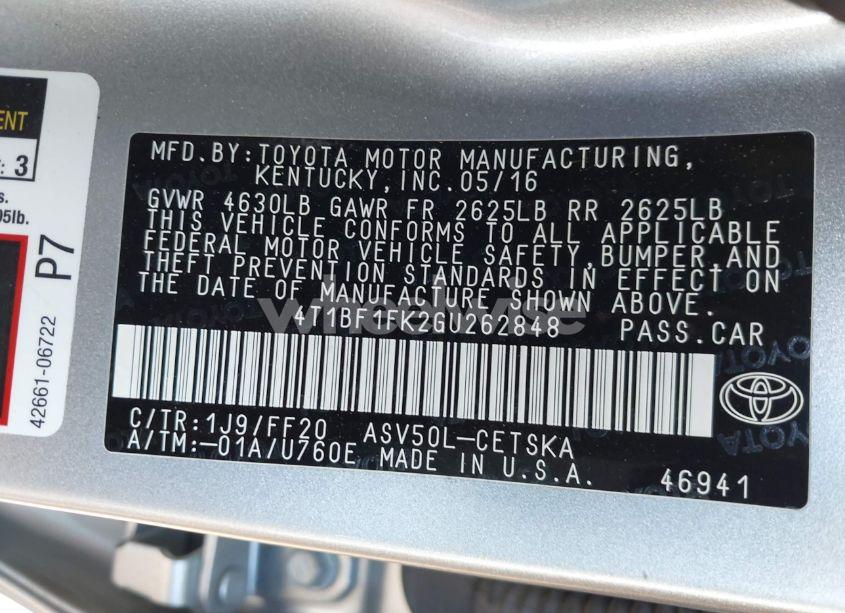 Photo 9 of 2016 Toyota Camry SE (VIN 4T1BF1FK2GU262848)