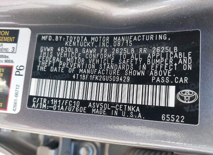 Photo 9 of 2016 Toyota Camry LE (VIN 4T1BF1FK2GU509429)