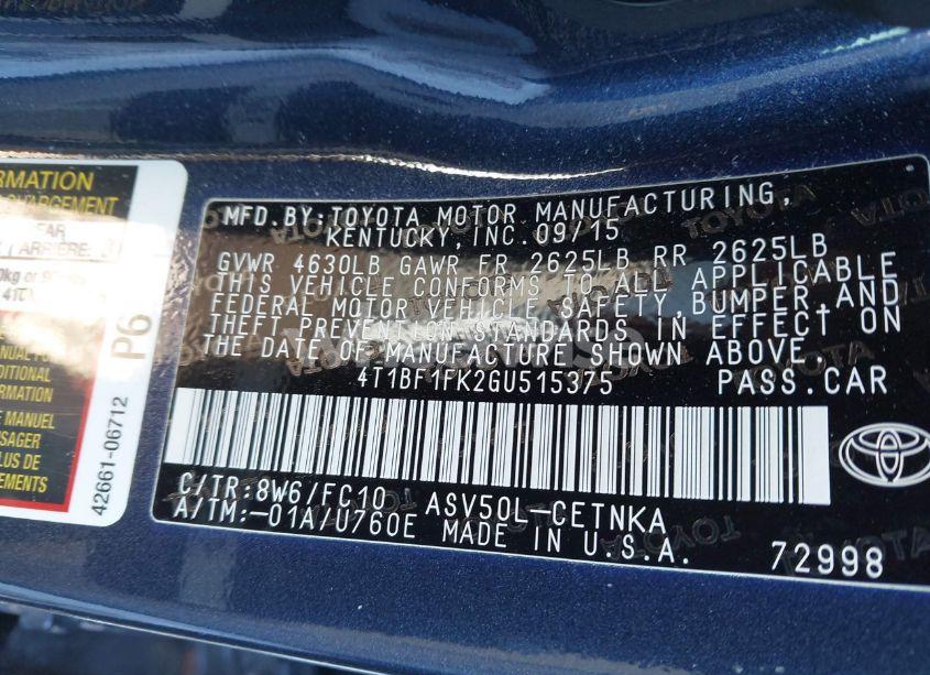 Photo 9 of 2016 Toyota Camry LE (VIN 4T1BF1FK2GU515375)