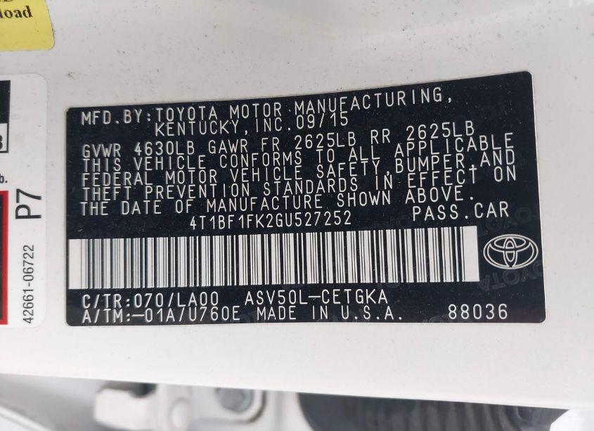 Photo 9 of 2016 Toyota Camry XLE (VIN 4T1BF1FK2GU527252)