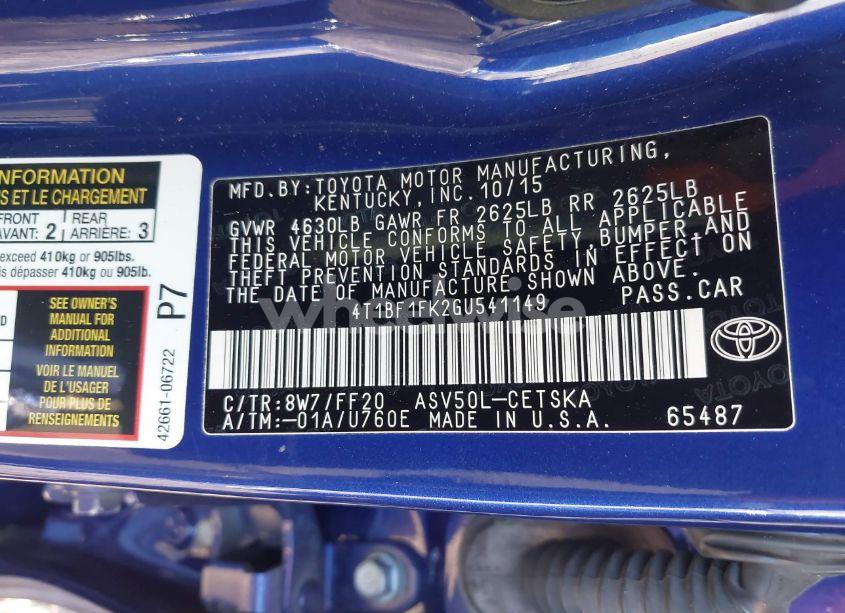 Photo 9 of 2016 Toyota Camry SE (VIN 4T1BF1FK2GU541149)