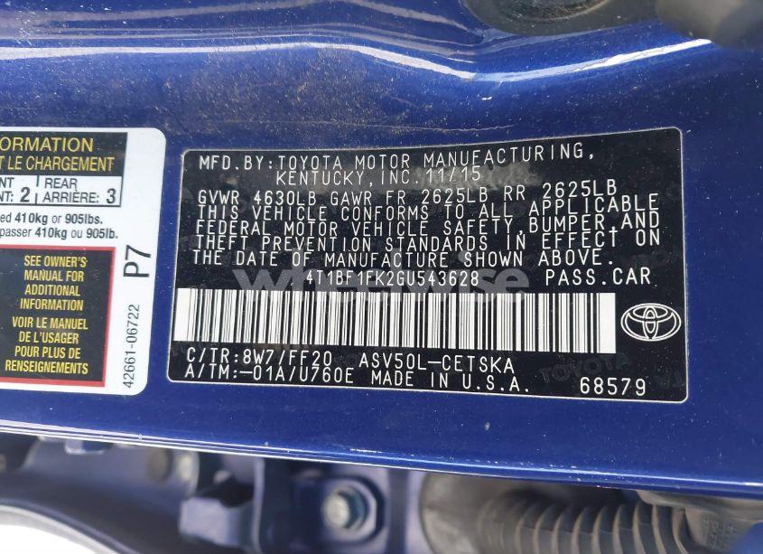 Photo 9 of 2016 Toyota Camry SE (VIN 4T1BF1FK2GU543628)