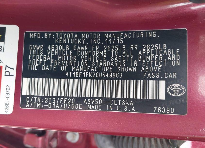 Photo 9 of 2016 Toyota Camry SE (VIN 4T1BF1FK2GU549963)