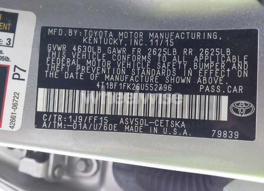 Photo 9 of 2016 Toyota Camry SE (VIN 4T1BF1FK2GU552796)