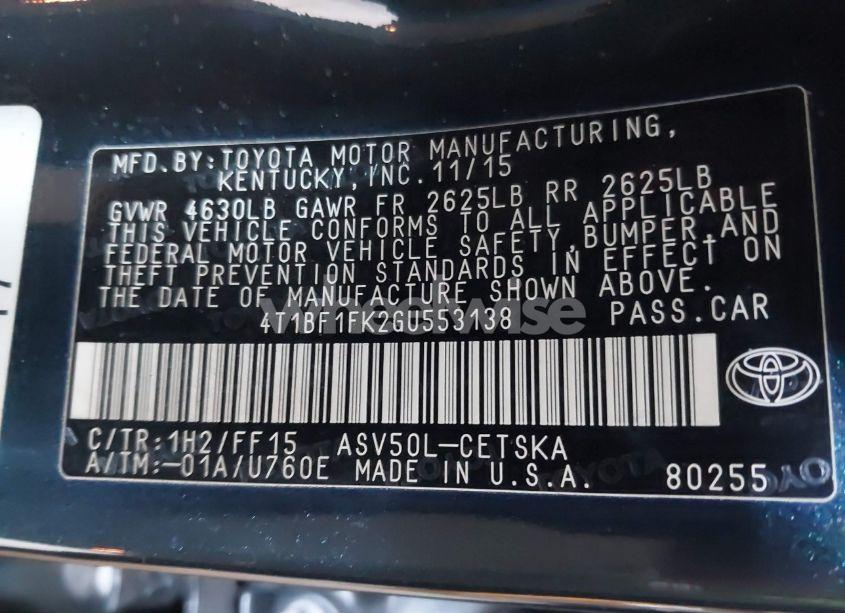 Photo 9 of 2016 Toyota Camry SE (VIN 4T1BF1FK2GU553138)