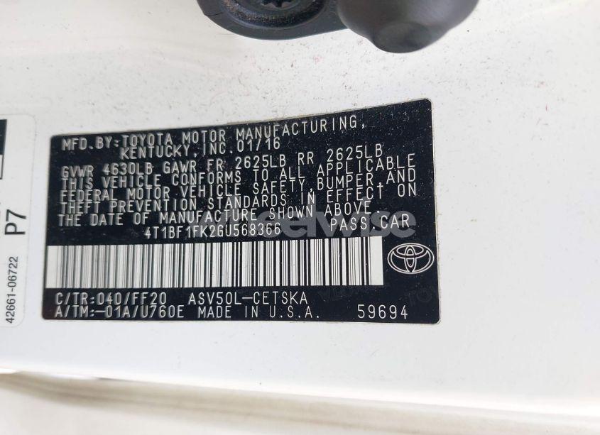 Photo 9 of 2016 Toyota Camry SE (VIN 4T1BF1FK2GU568366)