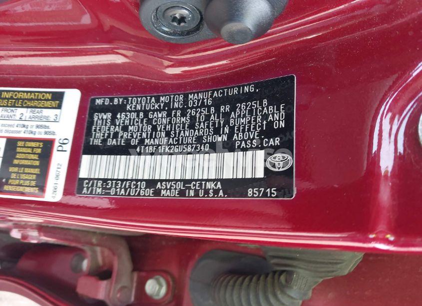 Photo 9 of 2016 Toyota Camry LE (VIN 4T1BF1FK2GU587340)