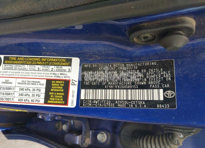 Photo 9 of 2016 Toyota Camry SE (VIN 4T1BF1FK2GU589153)