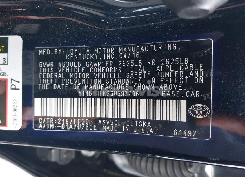 Photo 9 of 2016 Toyota Camry SE (VIN 4T1BF1FK2GU597706)