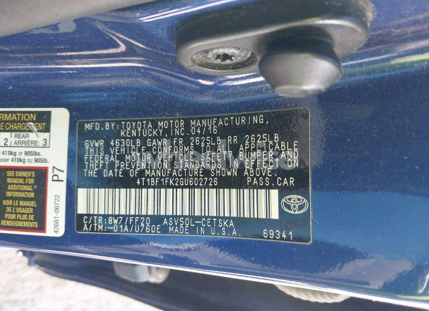 Photo 9 of 2016 Toyota Camry SE (VIN 4T1BF1FK2GU602726)