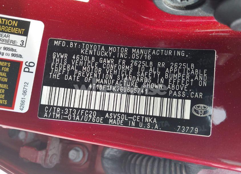 Photo 9 of 2016 Toyota Camry LE (VIN 4T1BF1FK2GU605741)