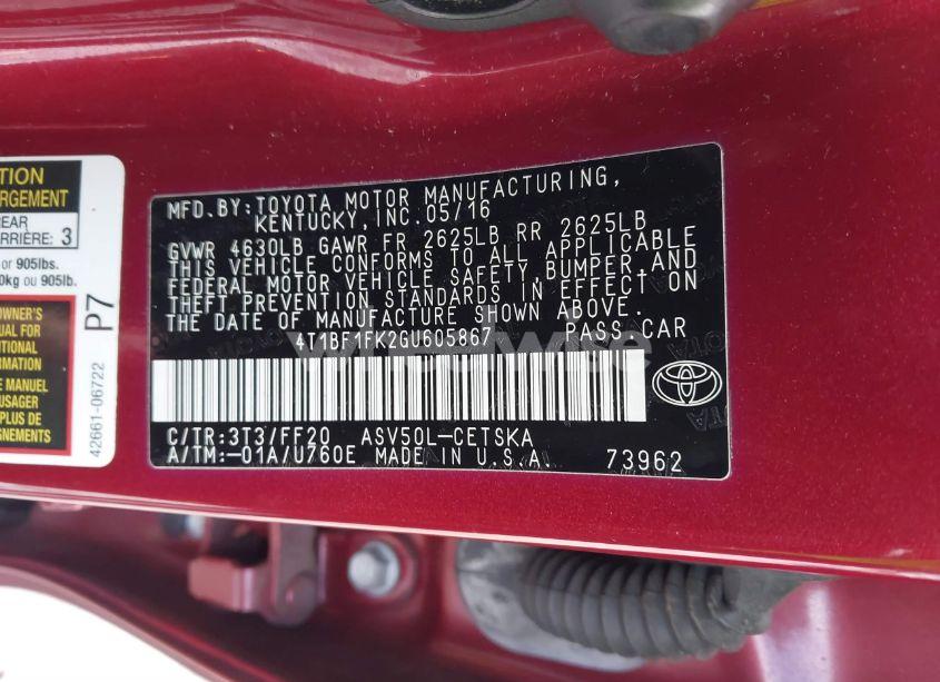 Photo 9 of 2016 Toyota Camry SE (VIN 4T1BF1FK2GU605867)