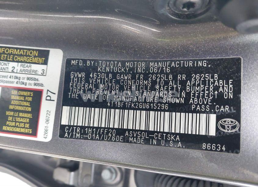 Photo 9 of 2016 Toyota Camry SE (VIN 4T1BF1FK2GU615296)