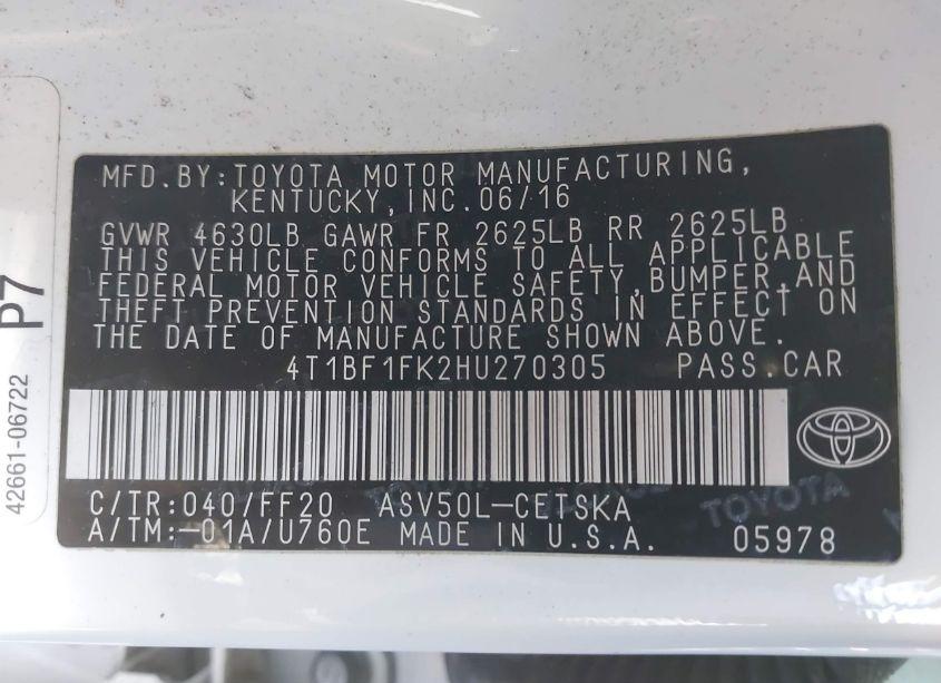 Photo 9 of 2017 Toyota Camry SE (VIN 4T1BF1FK2HU270305)