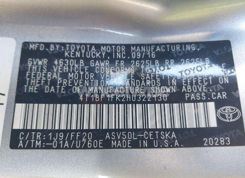 Photo 9 of 2017 Toyota Camry SE (VIN 4T1BF1FK2HU322130)