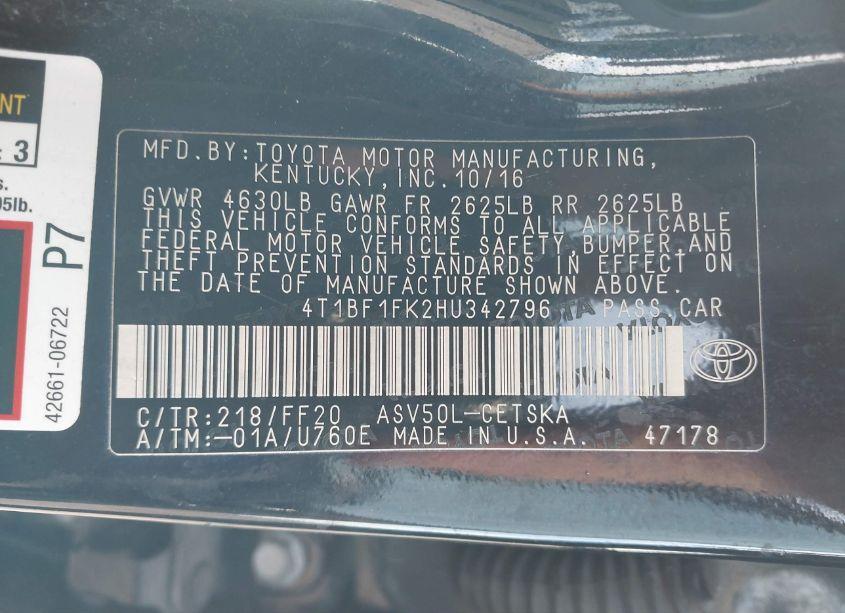 Photo 9 of 2017 Toyota Camry SE (VIN 4T1BF1FK2HU342796)