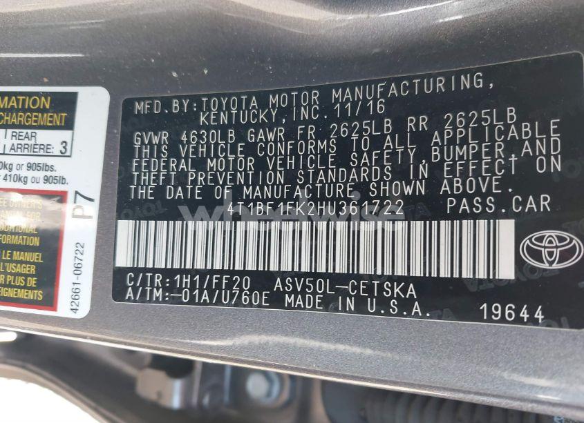 Photo 9 of 2017 Toyota Camry SE (VIN 4T1BF1FK2HU361722)