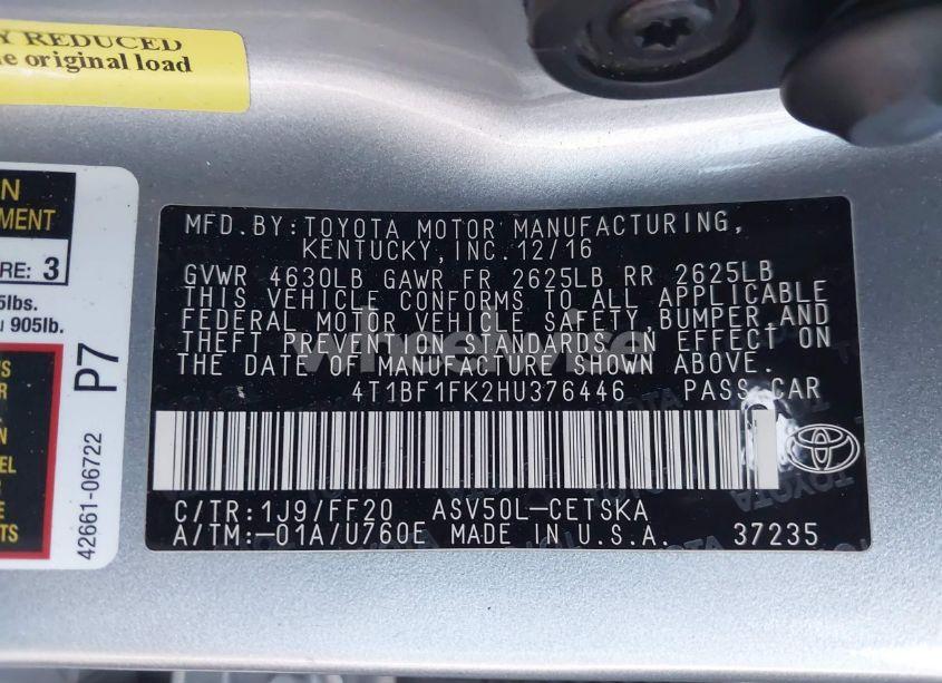 Photo 9 of 2017 Toyota Camry SE (VIN 4T1BF1FK2HU376446)