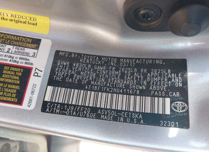 Photo 9 of 2017 Toyota Camry SE (VIN 4T1BF1FK2HU411678)