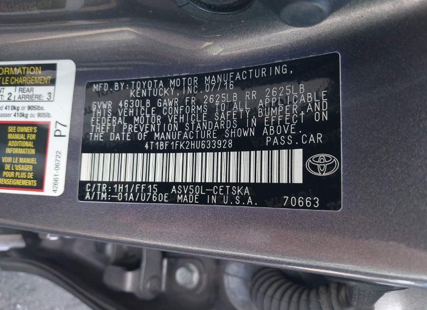 Photo 9 of 2017 Toyota Camry SE (VIN 4T1BF1FK2HU633928)