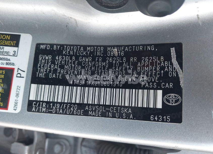 Photo 9 of 2017 Toyota Camry SE (VIN 4T1BF1FK2HU661910)