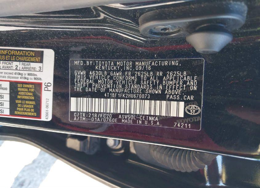 Photo 9 of 2017 Toyota Camry LE (VIN 4T1BF1FK2HU670073)