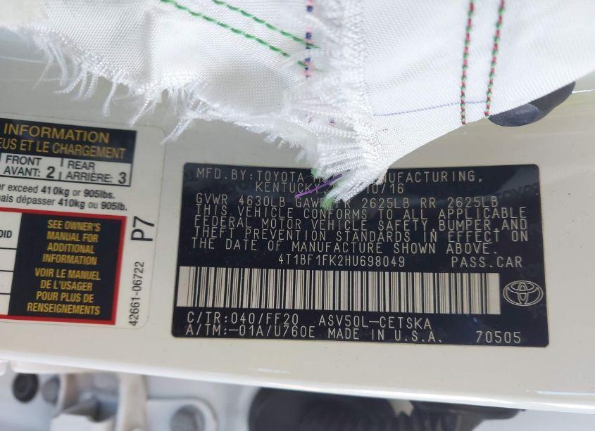 Photo 9 of 2017 Toyota Camry SE (VIN 4T1BF1FK2HU698049)