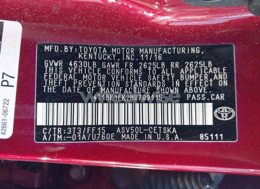 Photo 9 of 2017 Toyota Camry SE (VIN 4T1BF1FK2HU709115)