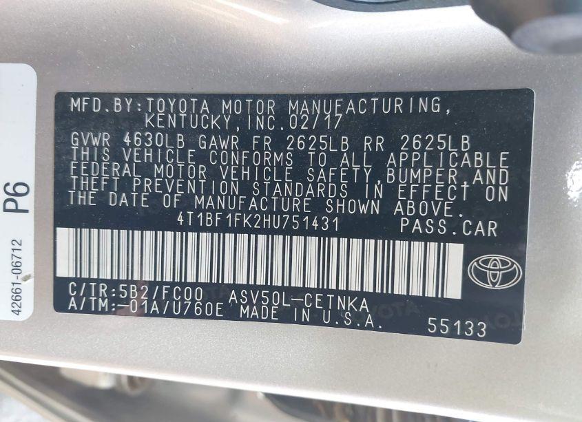 Photo 8 of 2017 Toyota Camry LE (VIN 4T1BF1FK2HU751431)