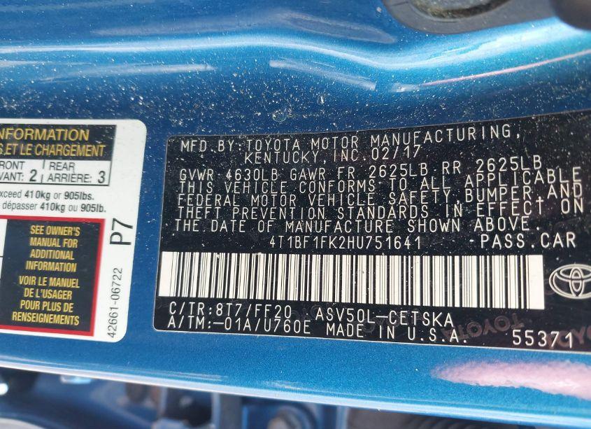 Photo 9 of 2017 Toyota Camry SE (VIN 4T1BF1FK2HU751641)