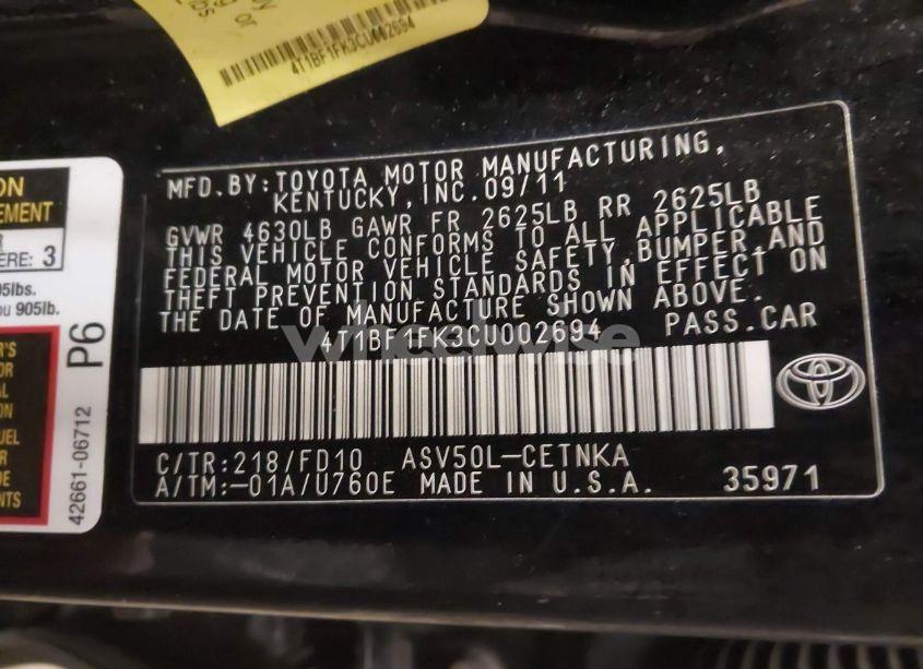 Photo 9 of 2012 Toyota Camry LE (VIN 4T1BF1FK3CU002694)