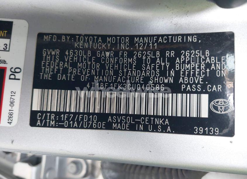 Photo 9 of 2012 Toyota Camry LE (VIN 4T1BF1FK3CU040586)