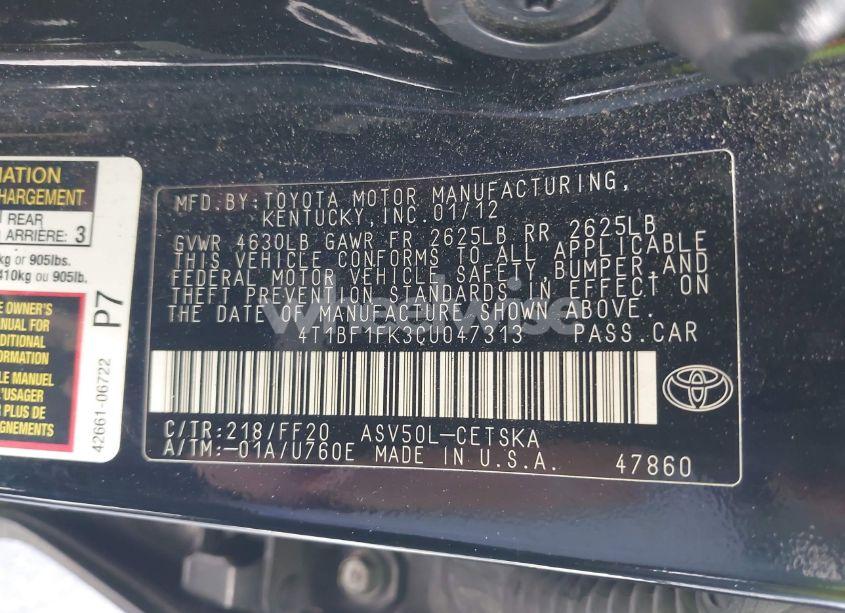 Photo 9 of 2012 Toyota Camry SE (VIN 4T1BF1FK3CU047313)