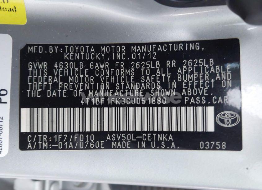 Photo 9 of 2012 Toyota Camry LE (VIN 4T1BF1FK3CU051880)