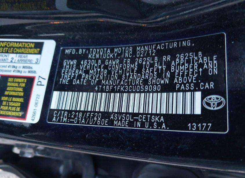 Photo 9 of 2012 Toyota Camry SE (VIN 4T1BF1FK3CU059090)