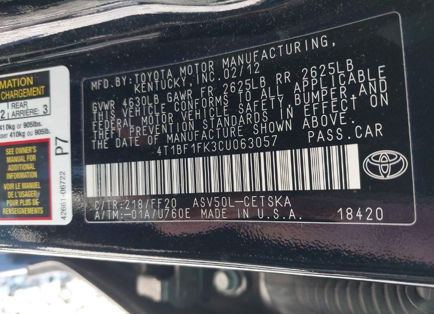 Photo 9 of 2012 Toyota Camry SE (VIN 4T1BF1FK3CU063057)