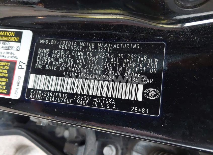 Photo 9 of 2012 Toyota Camry XLE (VIN 4T1BF1FK3CU070624)