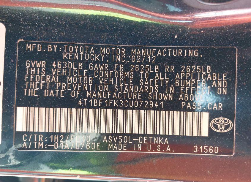 Photo 9 of 2012 Toyota Camry LE (VIN 4T1BF1FK3CU072941)