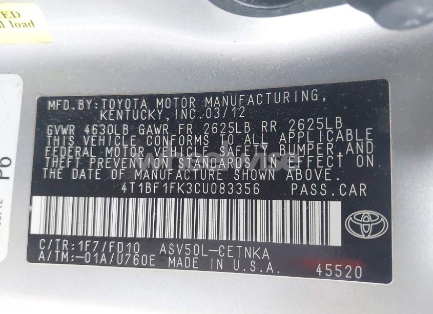 Photo 9 of 2012 Toyota Camry LE (VIN 4T1BF1FK3CU083356)