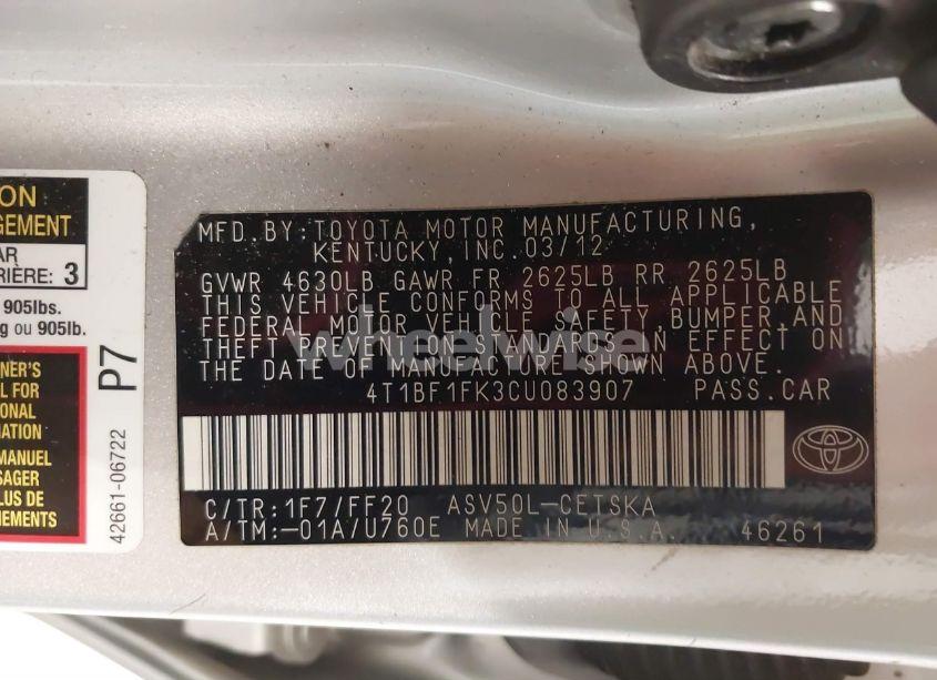Photo 9 of 2012 Toyota Camry SE (VIN 4T1BF1FK3CU083907)
