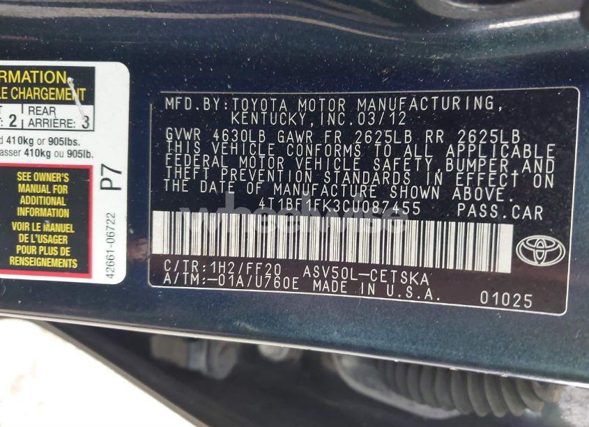 Photo 9 of 2012 Toyota Camry SE (VIN 4T1BF1FK3CU087455)