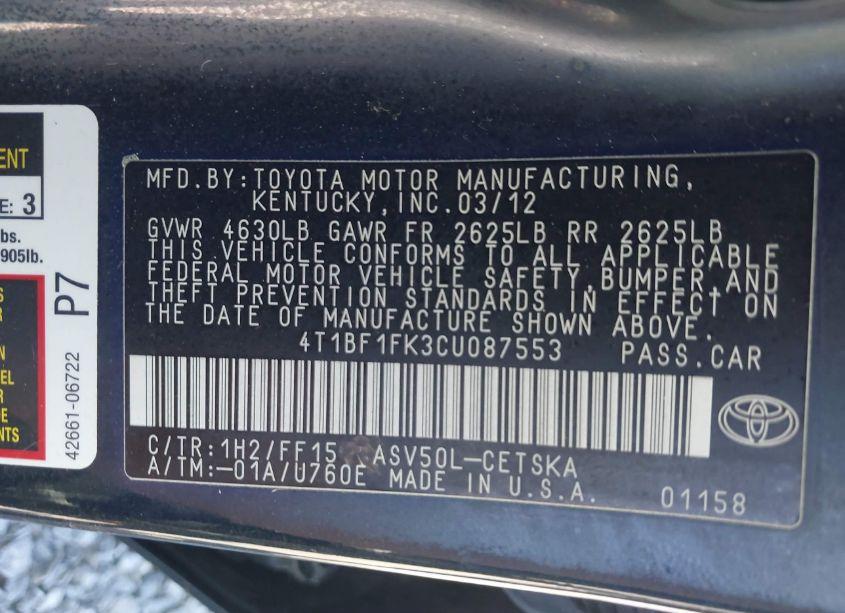 Photo 9 of 2012 Toyota Camry SE (VIN 4T1BF1FK3CU087553)