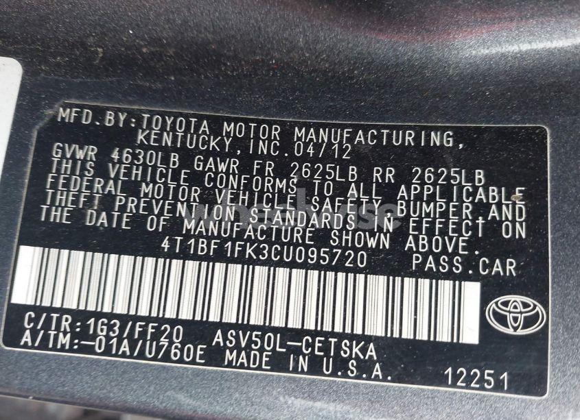 Photo 9 of 2012 Toyota Camry SE (VIN 4T1BF1FK3CU095720)
