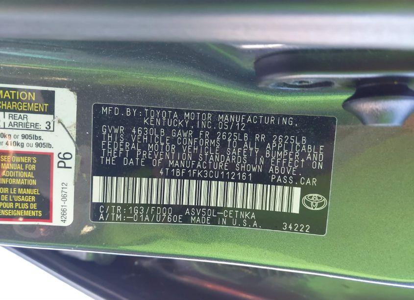 Photo 9 of 2012 Toyota Camry LE (VIN 4T1BF1FK3CU112161)