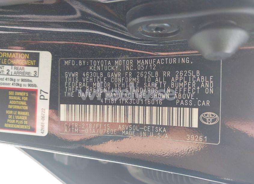 Photo 9 of 2012 Toyota Camry SE (VIN 4T1BF1FK3CU116016)