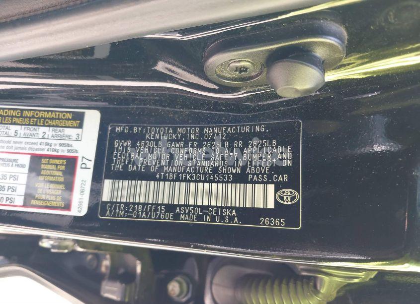 Photo 9 of 2012 Toyota Camry SE (VIN 4T1BF1FK3CU145533)